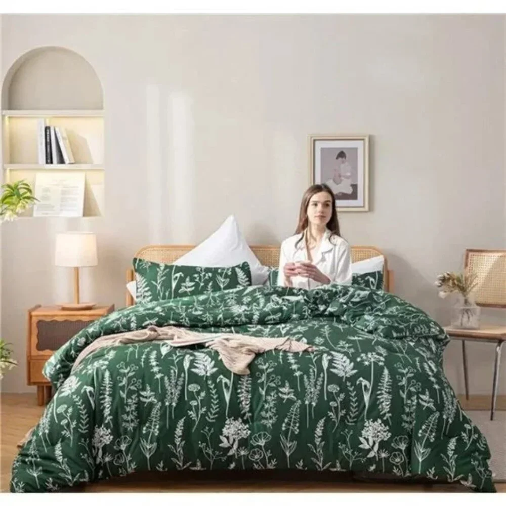 Comforter Set Emerald Comforter Set 3 PCS Bedding Floral Plant Flowers King/Quee